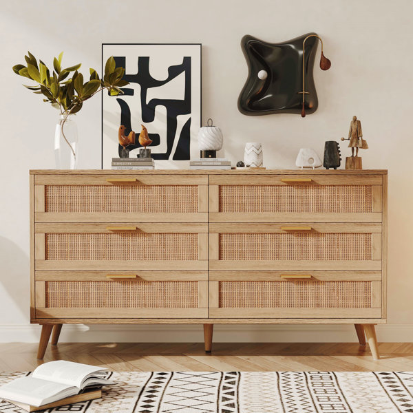George Oliver Jakoby Rattan 6 Drawer Double Dresser for Bedroom, Chest ...